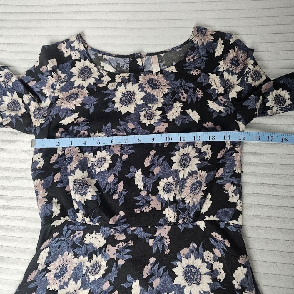 Free People Floral Mini Dress Size 2 Black Long Sleeve Fit Flare Cottagecore - Picture 4 of 14